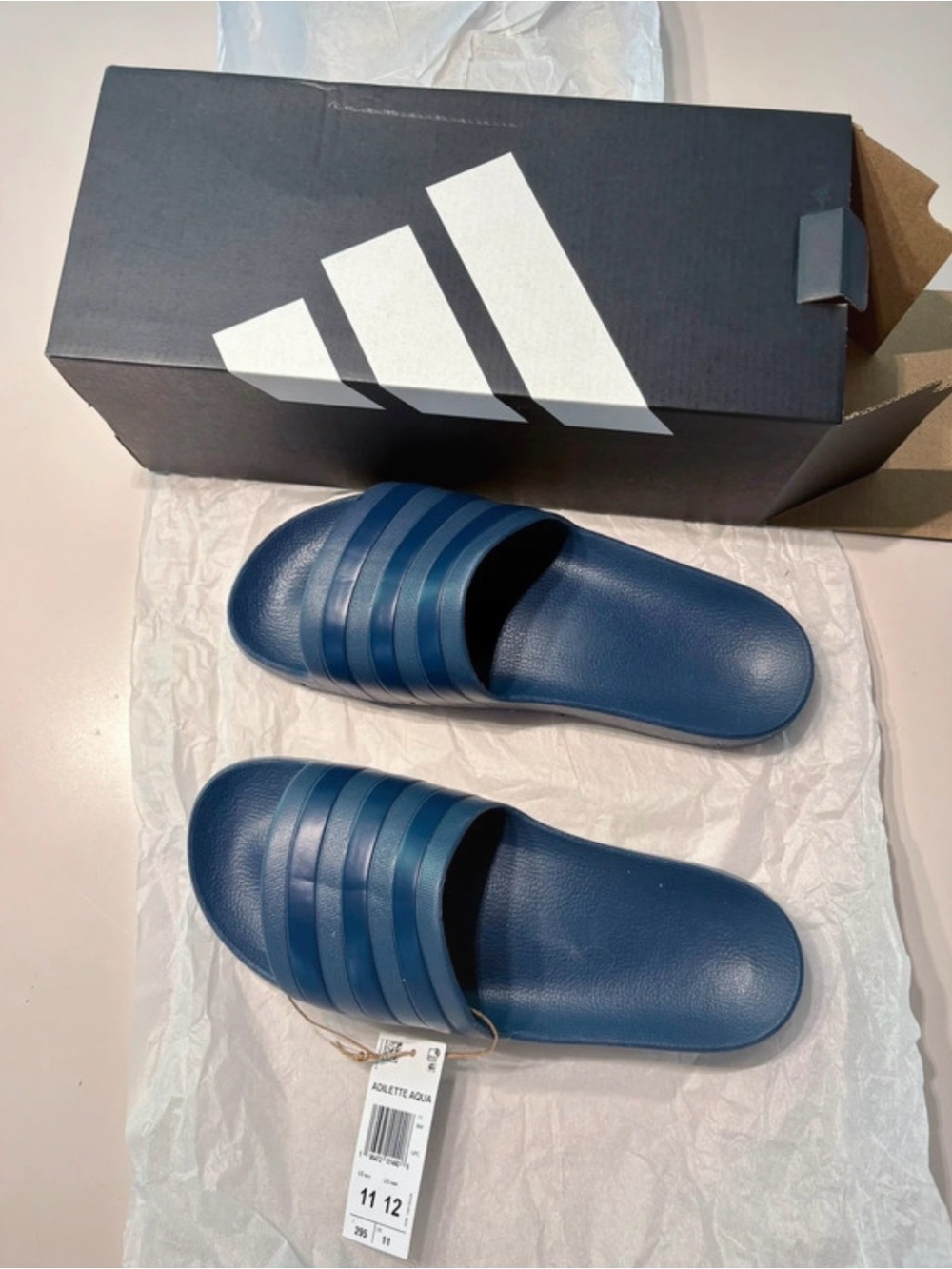 adidas Blue Slide Sandals with Striped Strap